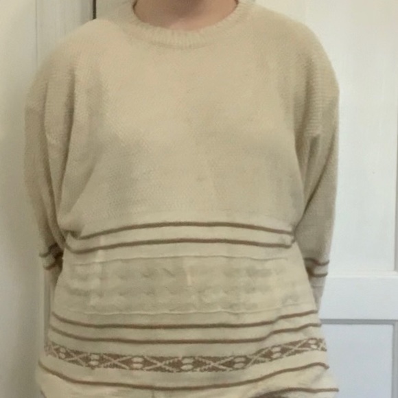 Vintage Unisex Oatmeal/Chocolate Brown Knit Oversized Sweater - Picture 6 of 7